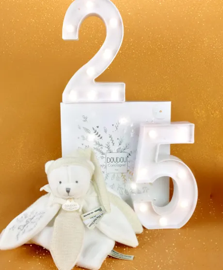 Doudou plat pétales Ours Blanc - 25 cm - Collection Anniversaire