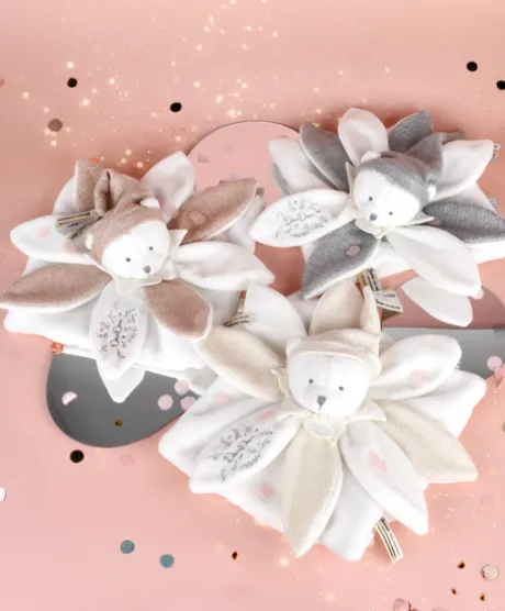 Doudou plat pétales Ours Blanc - 25 cm - Collection Anniversaire