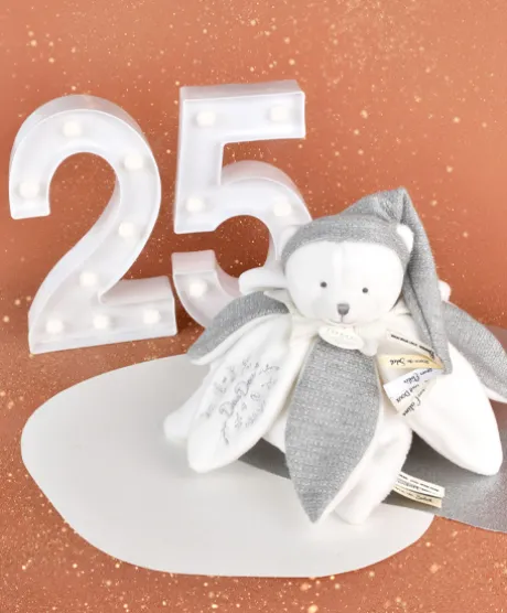 Doudou plat pétales Ours Gris - 25 cm - Collection Anniversaire