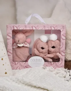 Lapin Doudou - Coffret cadeau Chaussons et Doudou Rose 15 cm