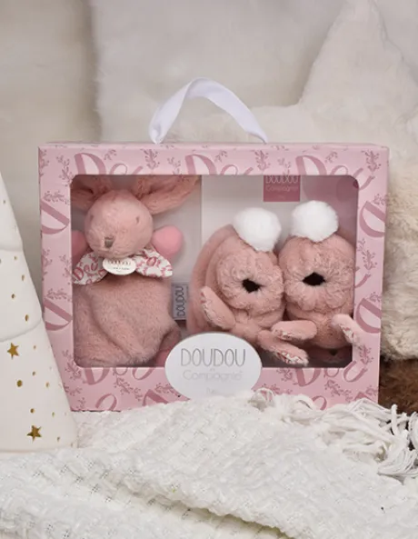 Lapin Doudou - Coffret cadeau Chaussons et Doudou Rose 15 cm