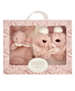 Lapin Doudou - Coffret cadeau Chaussons et Doudou Rose 15 cm