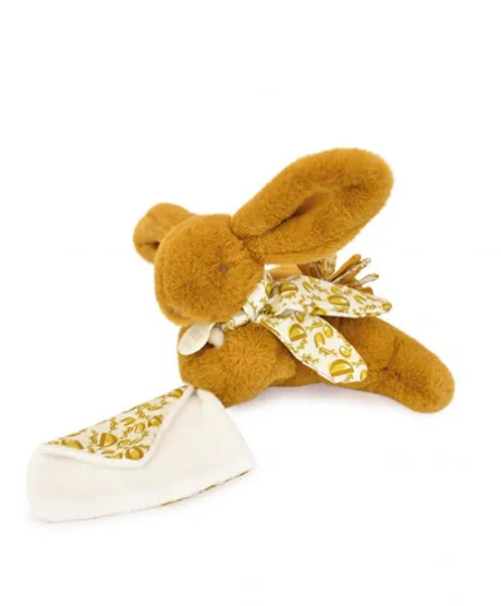 Lapin DOUDOU® - Peluche lapin jaune moutarde avec doudou assorti - 16 cm
