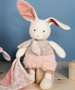 Lapin peluche écrue avec mouchoir rose en coton BIO - 22 cm