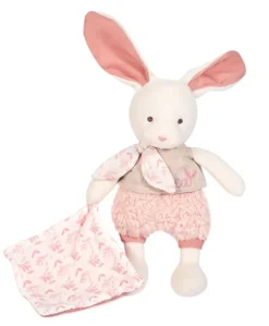 Lapin peluche écrue avec mouchoir rose en coton BIO - 22  cm