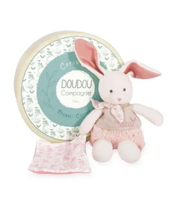 Lapin peluche écrue avec mouchoir rose en coton BIO - 22 cm