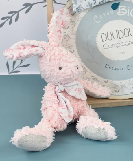 Lapin peluche rose en coton Bio 25 cm