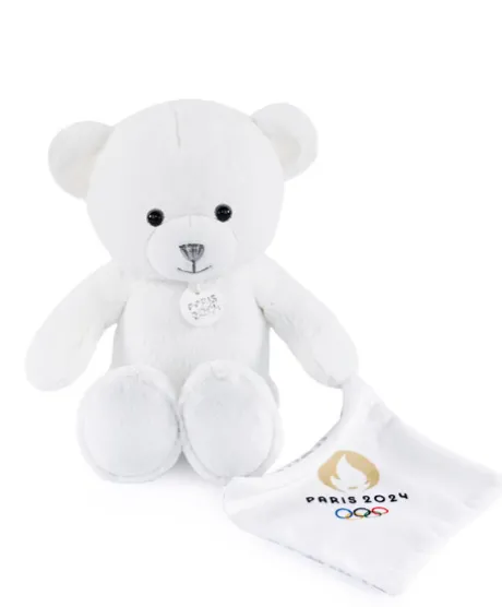 Ours en peluche blanc avec doudou paris 2024 - 25 cm