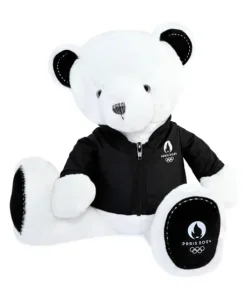 Ours en peluche blanc avec veste noire JO2024 - 40 cm - Collection Premium