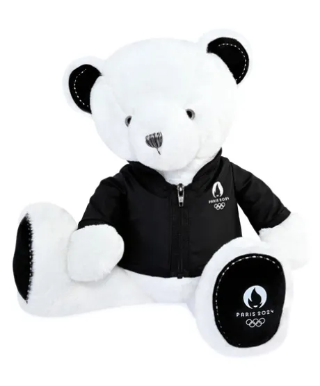 Ours en peluche blanc avec veste noire JO2024 - 40 cm - Collection Premium