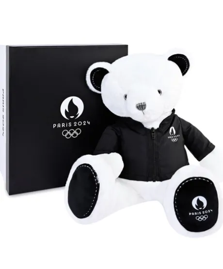 Ours en peluche blanc avec veste noire JO2024 - 40 cm - Collection Premium