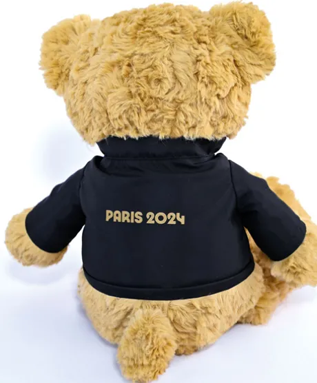 Ours en peluche marron Paris 2024 avec veste noire zippée - 40 cm