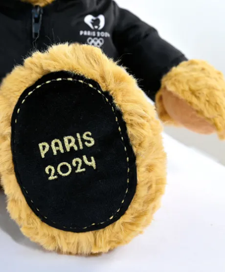 Ours en peluche marron Paris 2024 avec veste noire zippée - 40 cm
