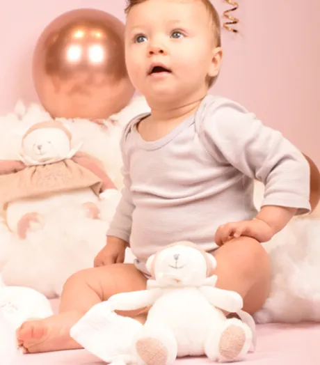 Ours en peluche Rose attache-sucette - 20 cm - Collection Anniversaire