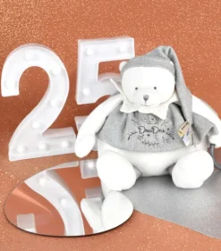 Peluche eveil Bébé Ours Gris - 30 cm - Collection Anniversaire