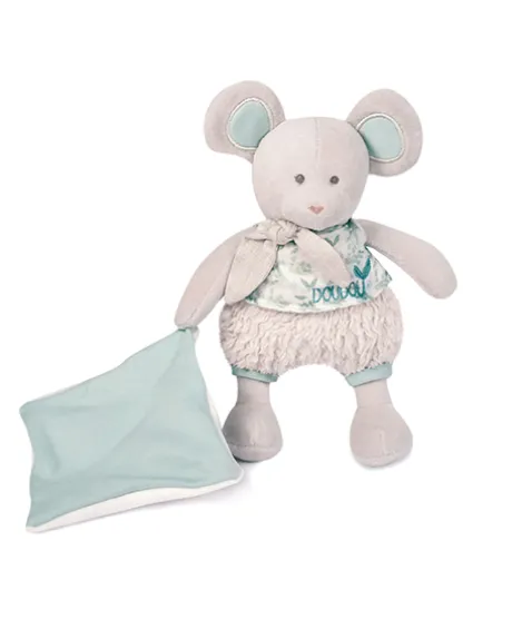 Souris en peluche grise avec mouchoir vert en coton BIO - 22 cm